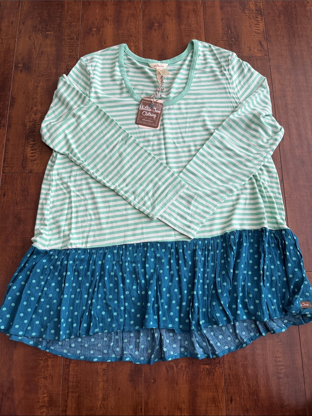 Matilda Jane Mint & Teal Striped Long Sleeve Top with Polka Dot Ruffle
